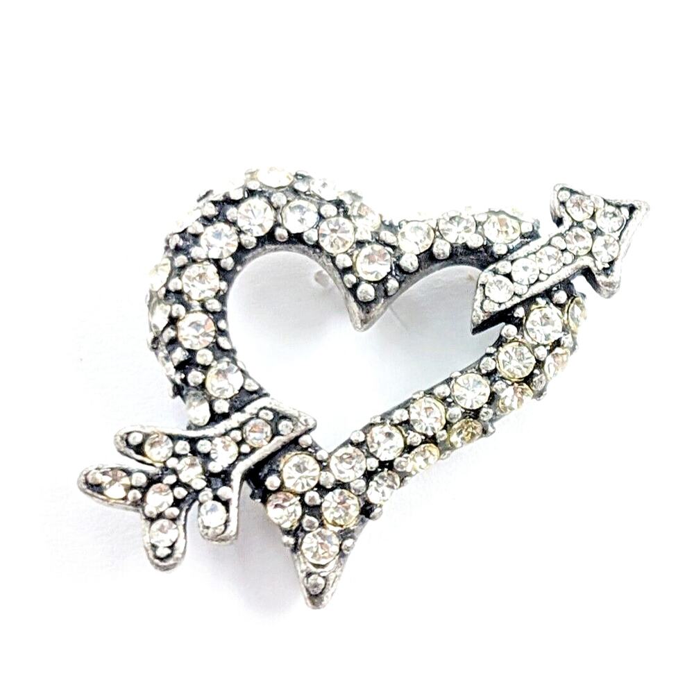 Chicos Rhinestone Heart Arrow Brooch Silver Tone Romantic Love Pin
